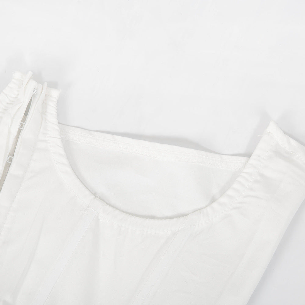 WHITE CINCHED WAIST SHIRT DRESS-Dresses-Oh CICI SHOP