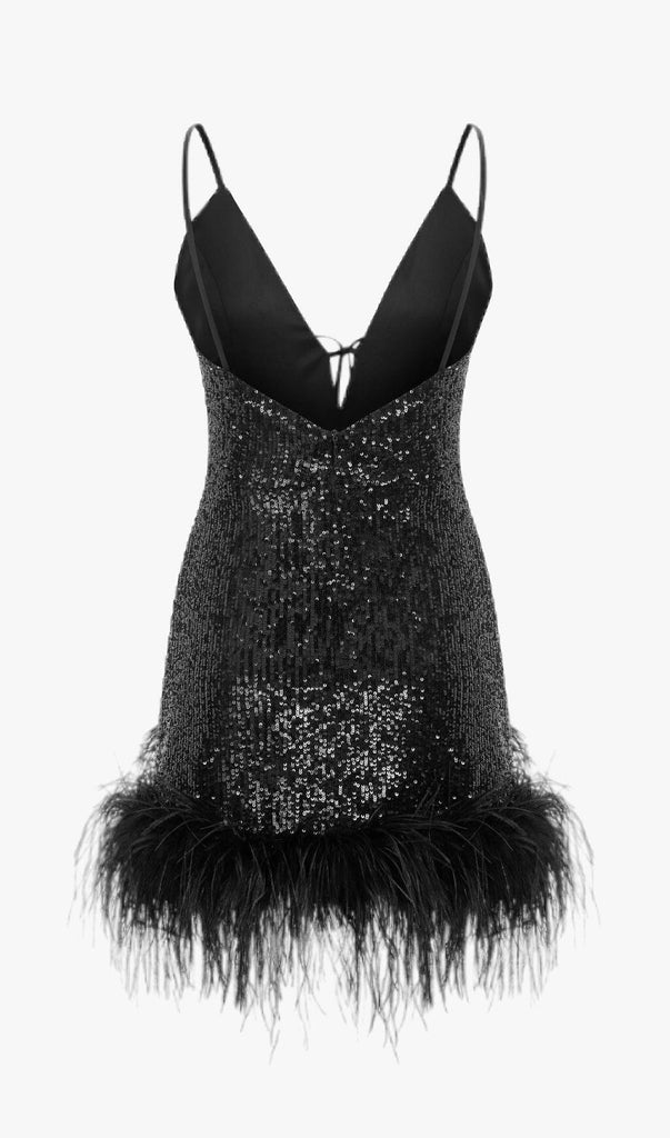 FEATHER V NECK MINI DRESS IN BLACK DRESS OH CICI 