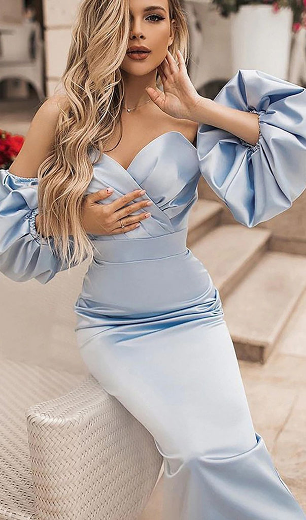 STRAPLESS PUFF SLEEVES MIDI DRESS IN BLUE-Dresses-Oh CICI SHOP