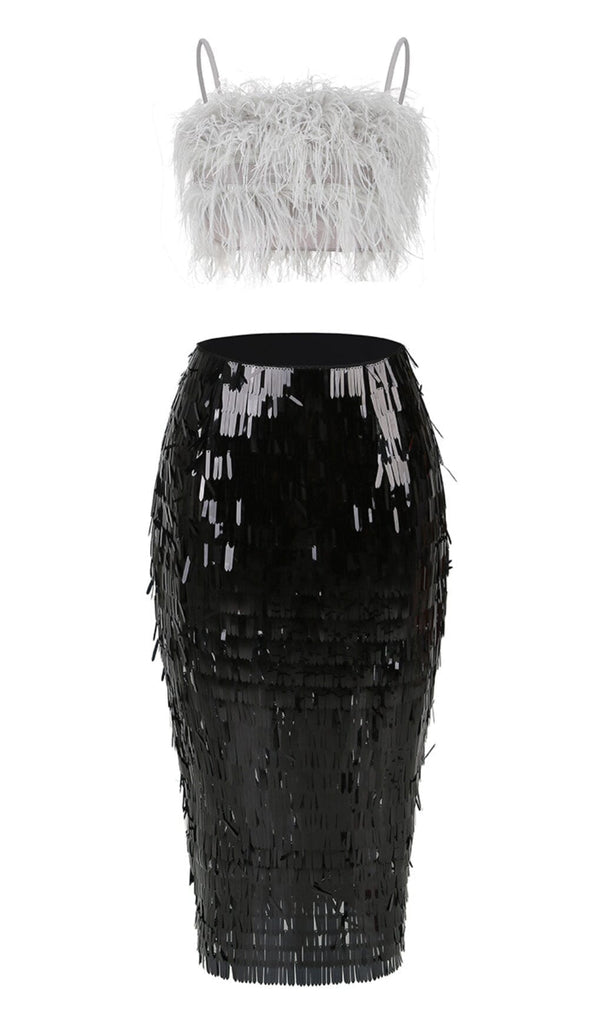 FEATHER TOP SEQUIN MIDI DRESS IN BLACK DRESS OH CICI