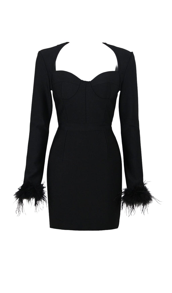 STRETCH LONG SLEEVES FEATHER MINI DRESS IN BLACK-Dresses-Oh CICI SHOP
