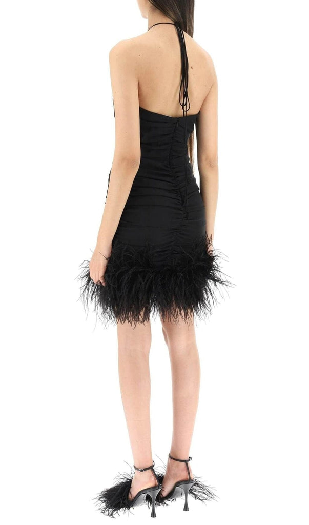 SEXY STRETCH OFF-SHOULDER FEATHER MINI DRESS IN BLACK-Oh CICI SHOP