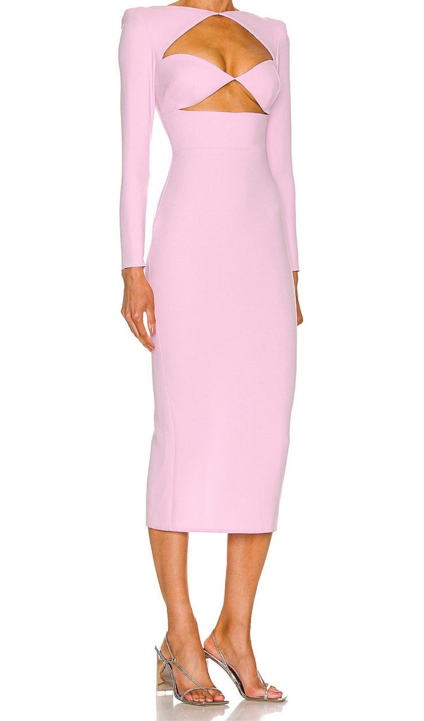 CUT OUT LONG SLEEVE MIDI DRESS IN PINK-Dresses-Oh CICI SHOP