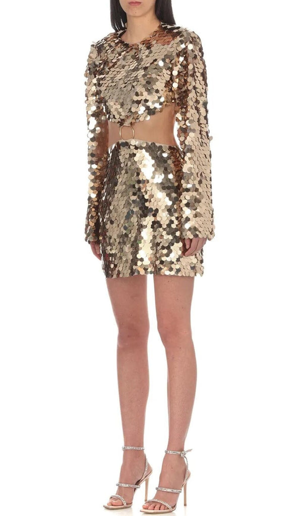 SPARKLING LONG SLEEVE MINI DRESS IN GOLD-Oh CICI SHOP