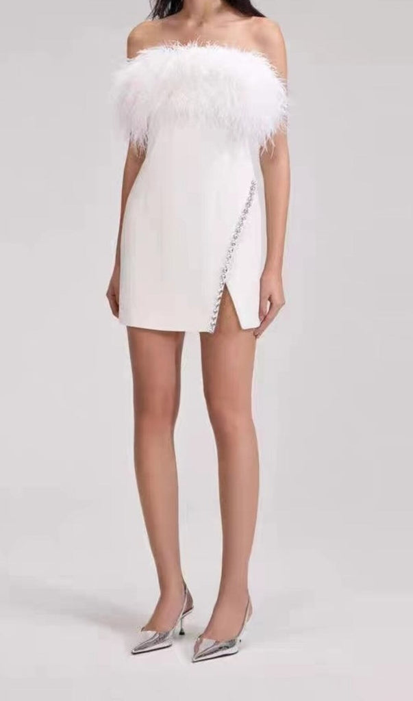 BANDAGE FEATHER CRYSTAL MINI DRESS IN WHITE oh cici 