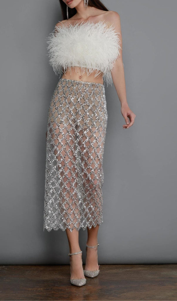 FEATHER SEQUIN TWO PIECE SET IN WHITE-Oh CICI SHOP