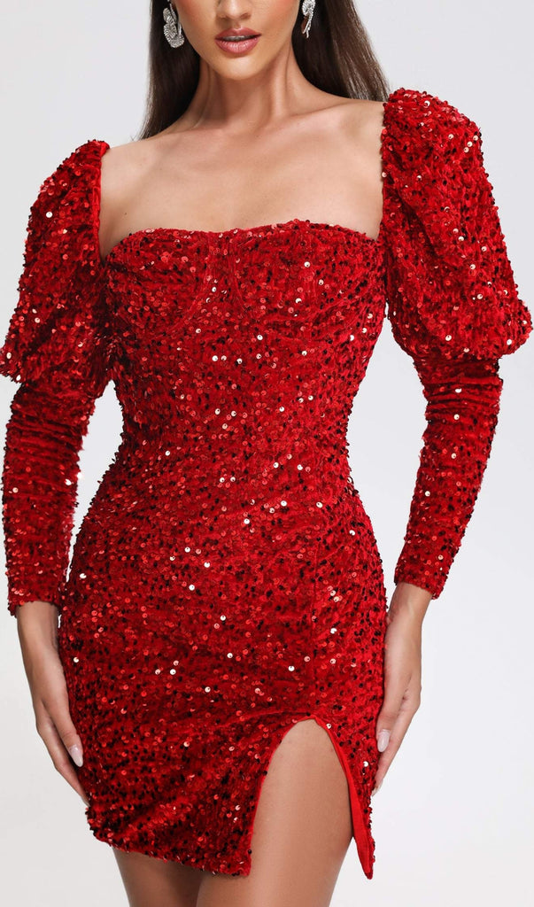 Sequin Puff Sleeve Mini Dress In Red-Dresses-Oh CICI SHOP