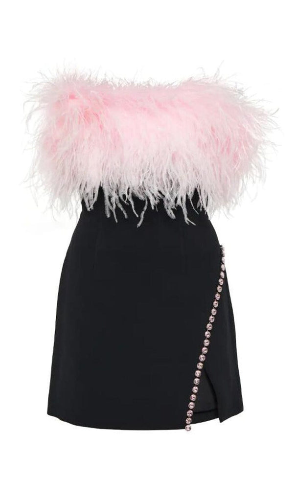 BANDAGE FEATHER CRYSTAL MINI DRESS IN BLACK-Dresses-Oh CICI SHOP