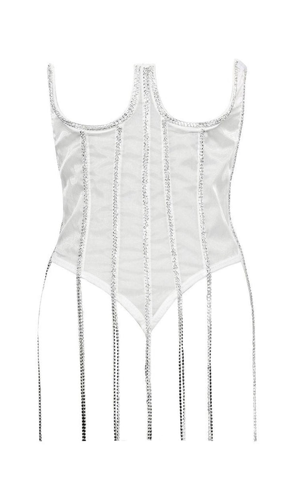 WHITE CRYSTAL TASSELS CORSET-Shirts & Tops-Oh CICI SHOP