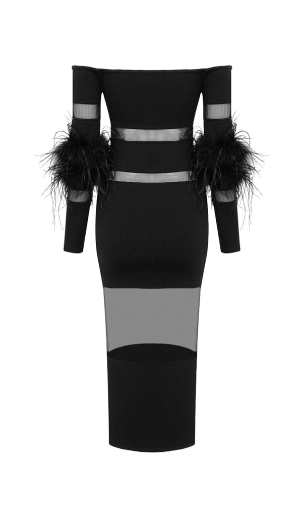 BANDAGE OFF-SHOULDER FEATHER MIDI DRESS IN BLACK styleofcb 