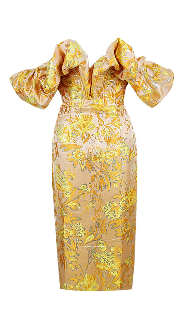 JACQUARD OFF SHOULDER MIDI DRESS IN YELLOW-Oh CICI SHOP