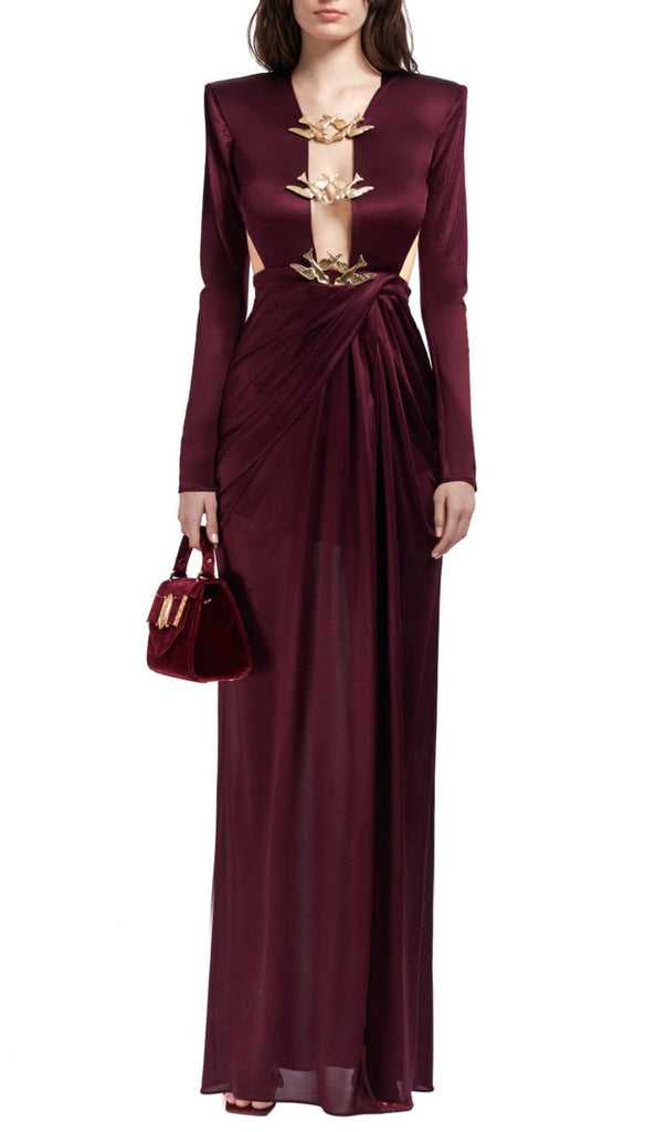 SATIN HOLLOW OUT LONG SLEEVE MAXI DRESS IN RED-Oh CICI SHOP