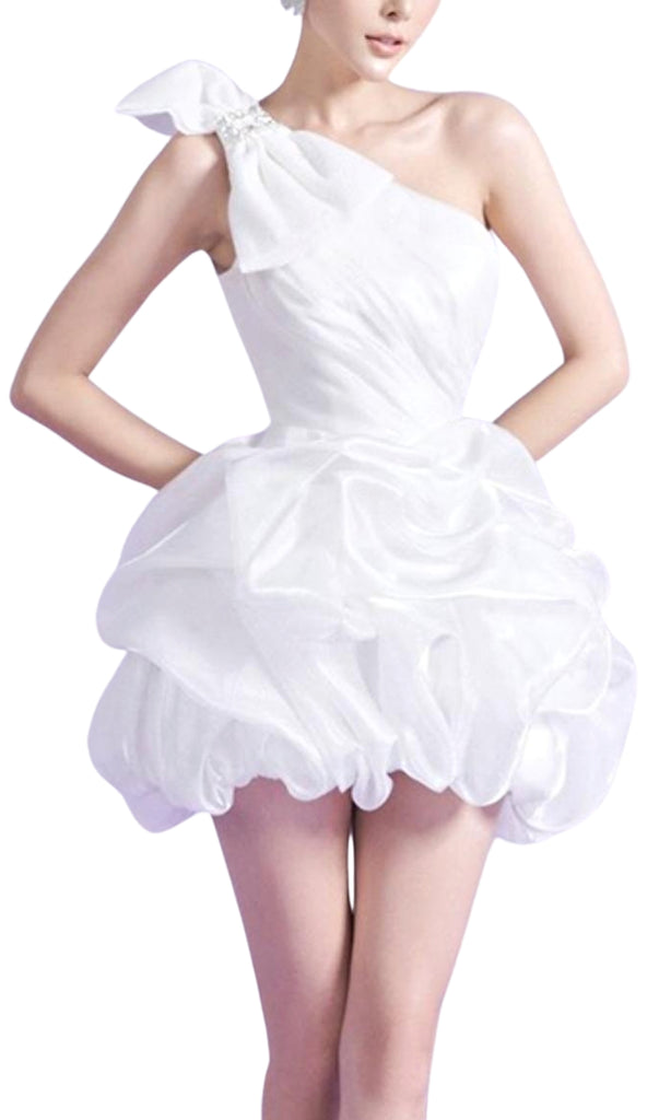 WHITE ONE SHOULDER BOWKNOT MINI DRESS-Dresses-Oh CICI SHOP