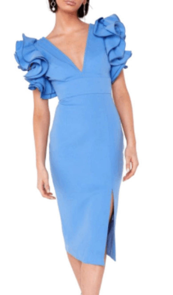 BLUE V NECK SPLIT MIDI DRESS-Dresses-Oh CICI SHOP