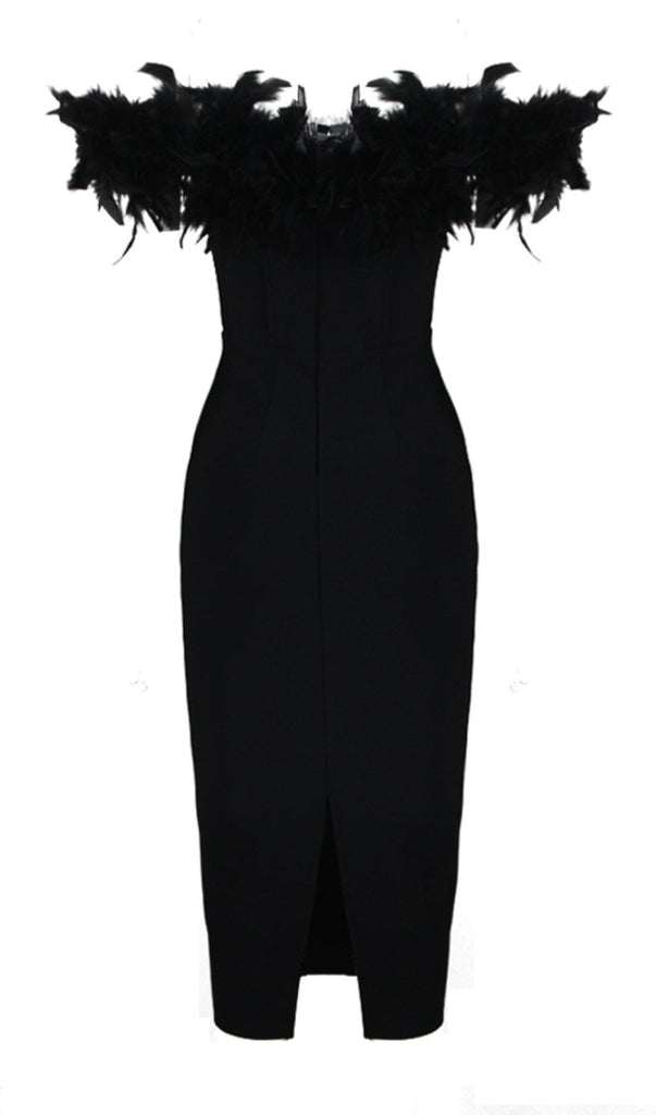 FEATHER PLUNGE MIDI DRESS IN BLACK DRESS OH CICI