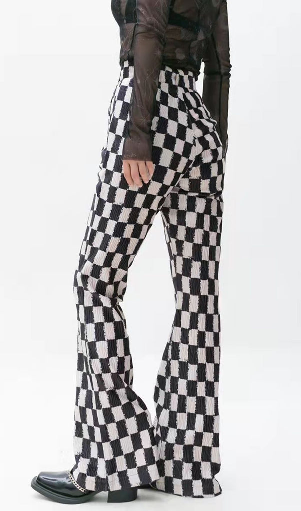 RETRO CHECKBOARD SLIT FLARED TROUSERS-Pants-Oh CICI SHOP