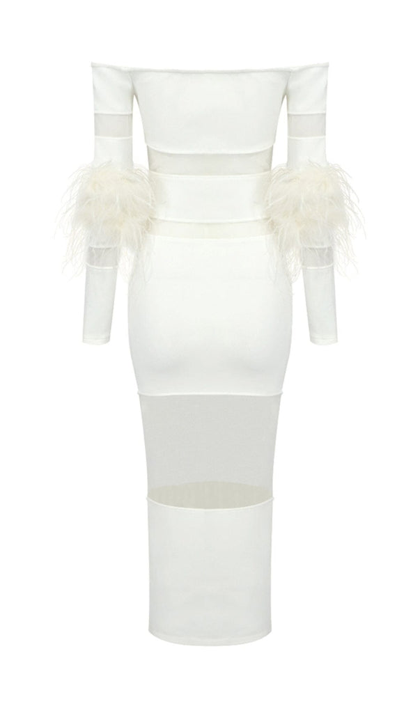 BANDAGE OFF-SHOULDER FEATHER MIDI DRESS IN WHITE styleofcb 