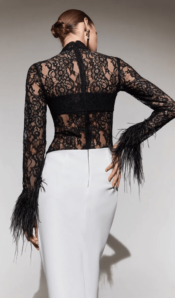 SPLICED LACE FEATHER SLIT DRESS IN BLACK AND WHITE-Oh CICI SHOP
