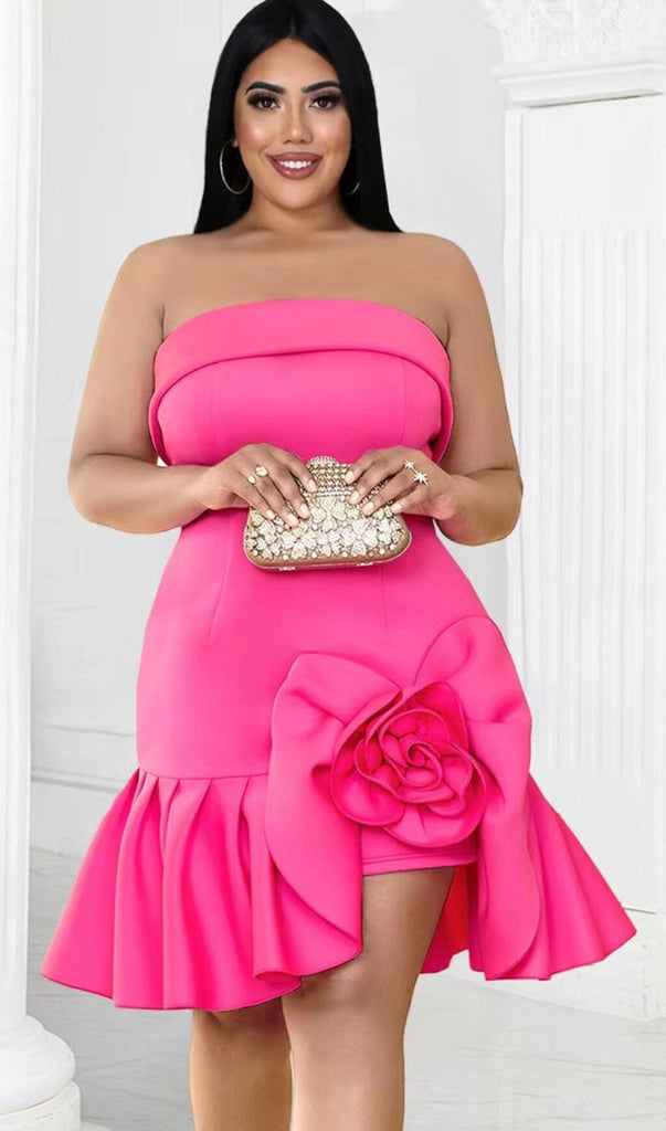STRAPLESS FLOWER RUCHED MINI DRESS IN HOT PINK Dresses styleofcb 