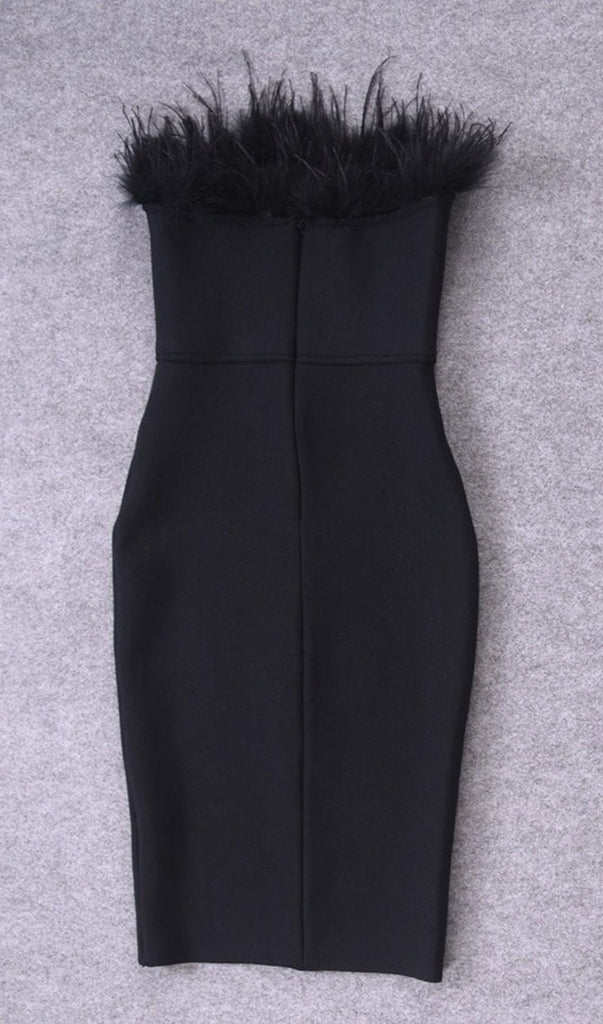 BLACK STRAPLESS FEATHER MINI DRESS-Dresses-Oh CICI SHOP