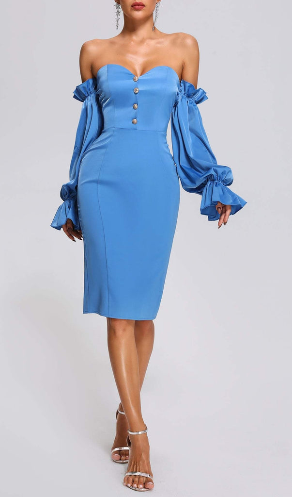 Blue Off Shoulder Satin Midi Dress-Dresses-Oh CICI SHOP