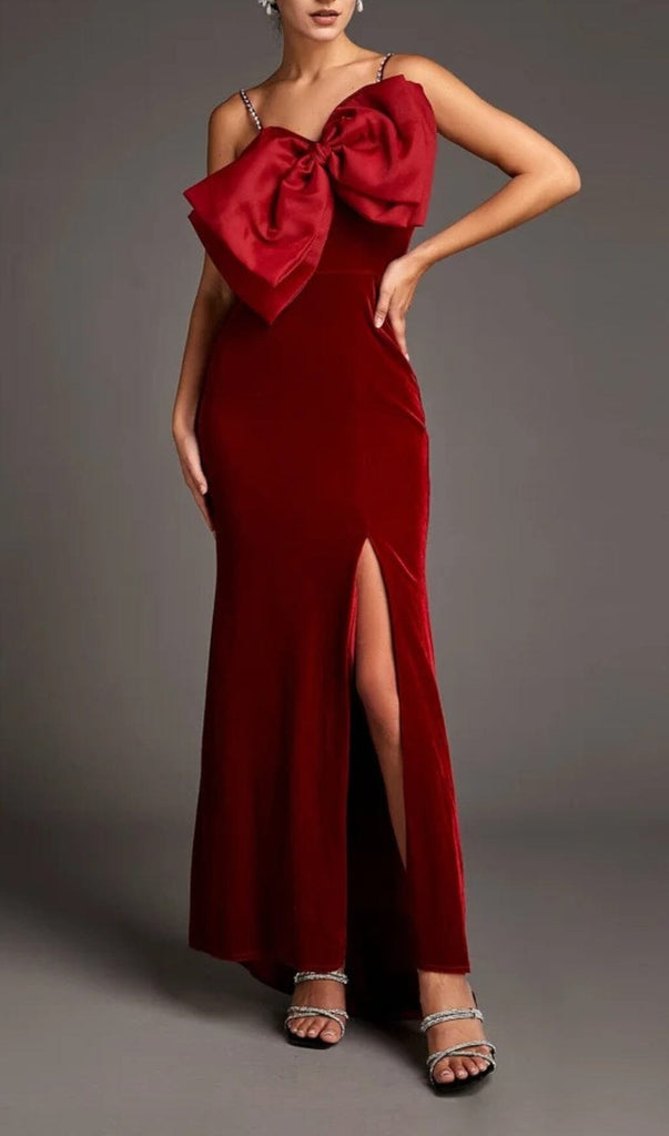 DARK RED FRONT BOW SIDE SLIT MERMAID MAXI DRESS-Oh CICI SHOP