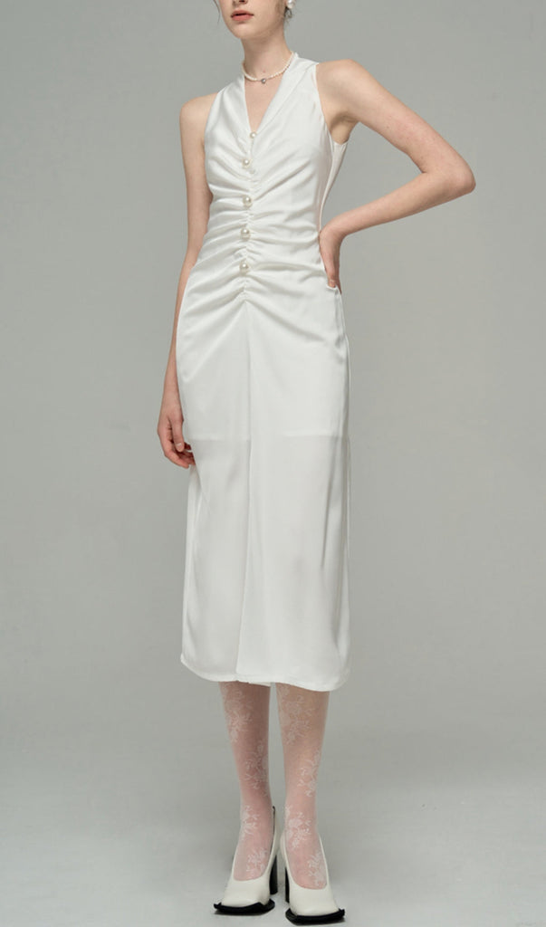 SATIN PEARL DECORATIVE DRESS IN WHITE-Oh CICI SHOP