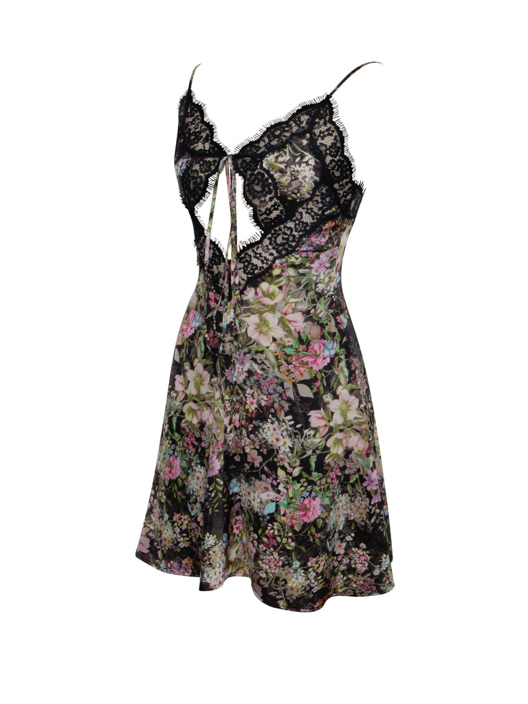 FLORAL PRINT SATIN MINI DRESS WITH LACE TRIM Dresses styleofcb 