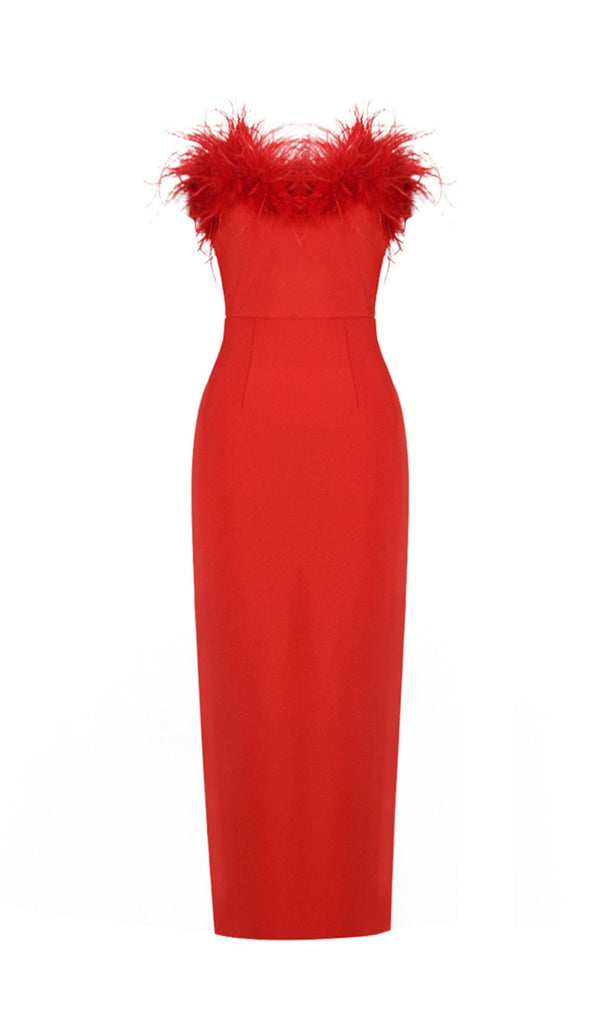 STRETCH STRAPLESS FEATHER TRIMMED GOWN IN RED-Oh CICI SHOP