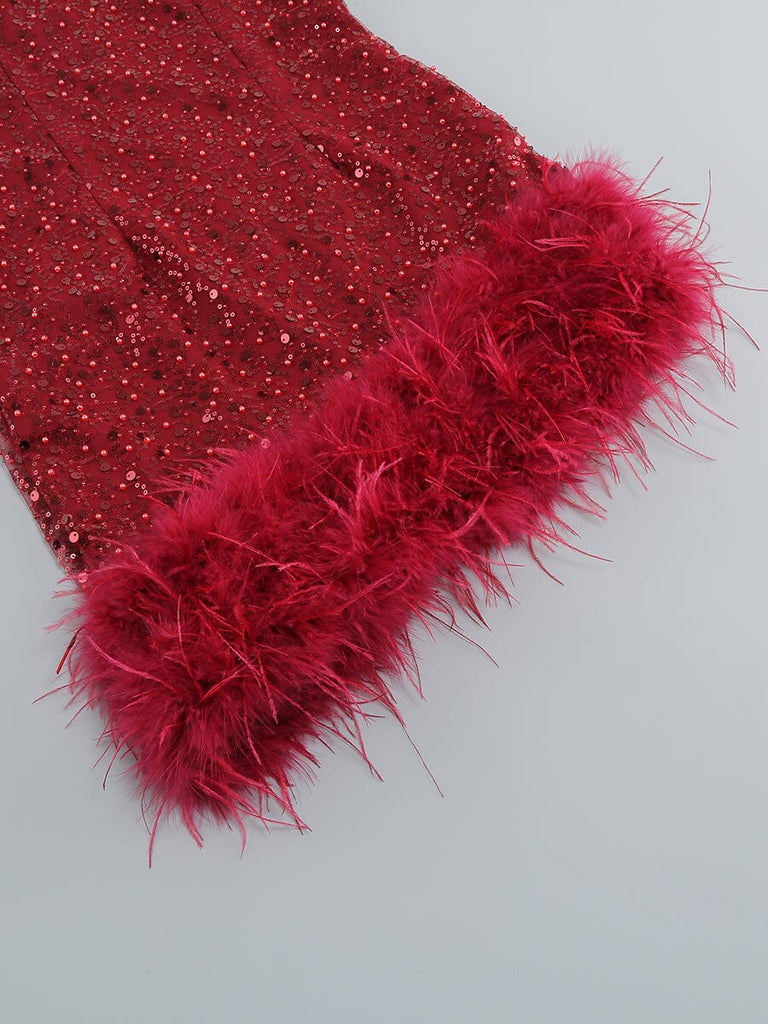 RED FEATHER SEQUIN DRESS-Oh CICI SHOP