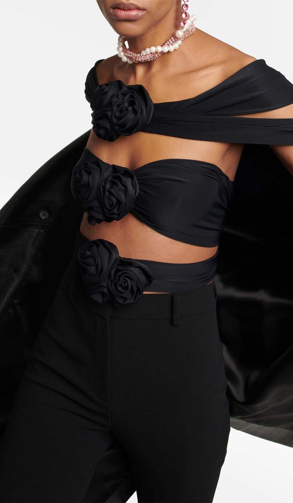 3D FLOWER-EMBELLISHED JUMPSUIT IN BLACK styleofcb 