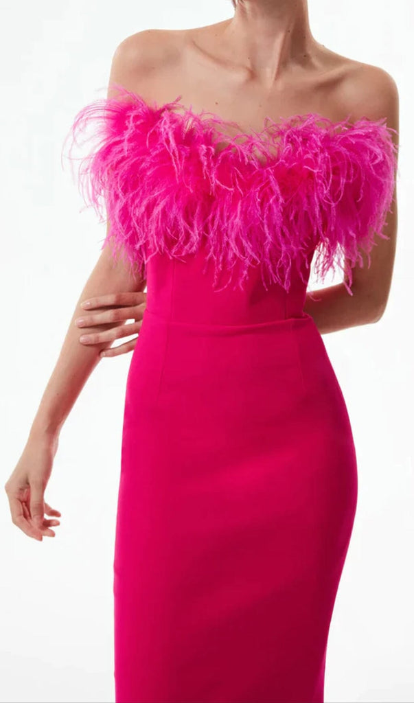 FEATHER BODYCON MAXI DRESS IN PINK-DRESS-Oh CICI SHOP