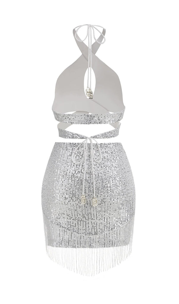 SEQUIN TASSEL BACKLESS MINI DRESS IN SILVER-Oh CICI SHOP