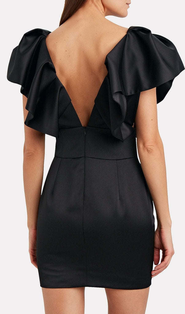 DEEP V THREE-DIMENSIONAL SHOULDER DESIGN DRESS IN BLACK-Oh CICI SHOP