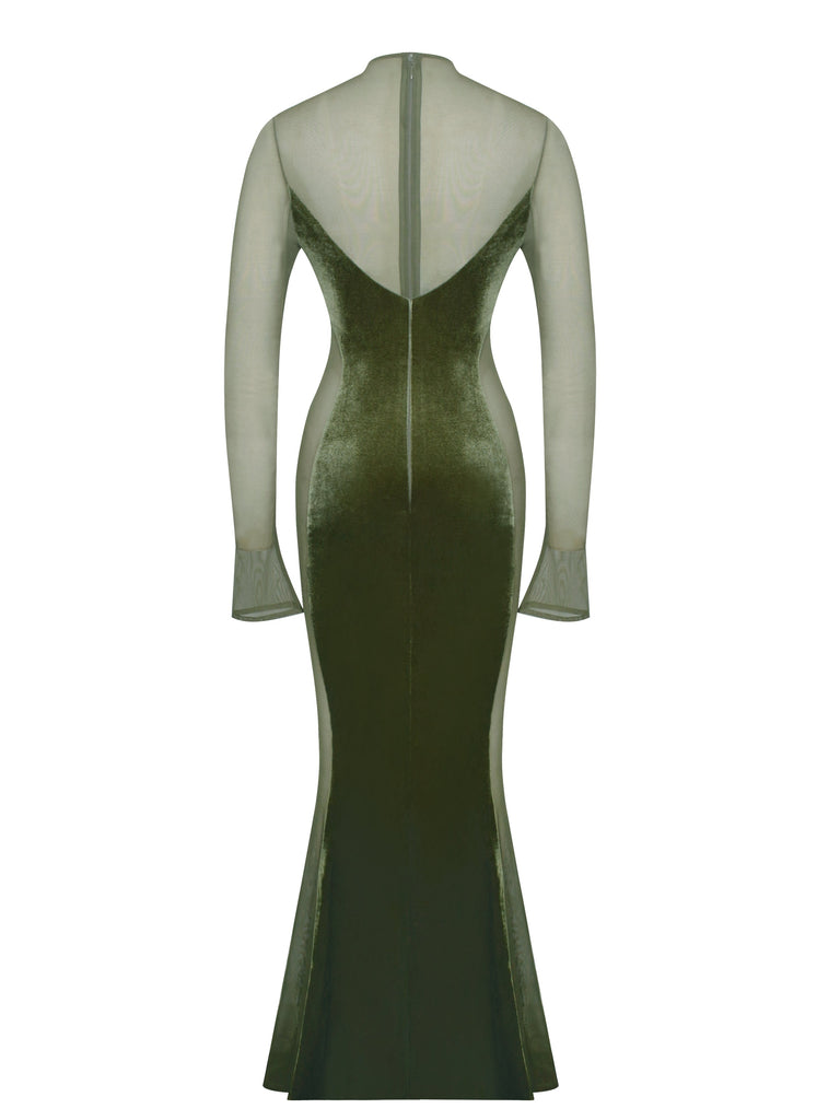 Olive Green Velvet Mesh Long Sleeve Gown-Dresses-Oh CICI SHOP