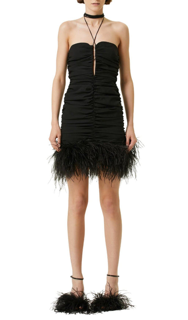 SEXY STRETCH OFF-SHOULDER FEATHER MINI DRESS IN BLACK-Oh CICI SHOP