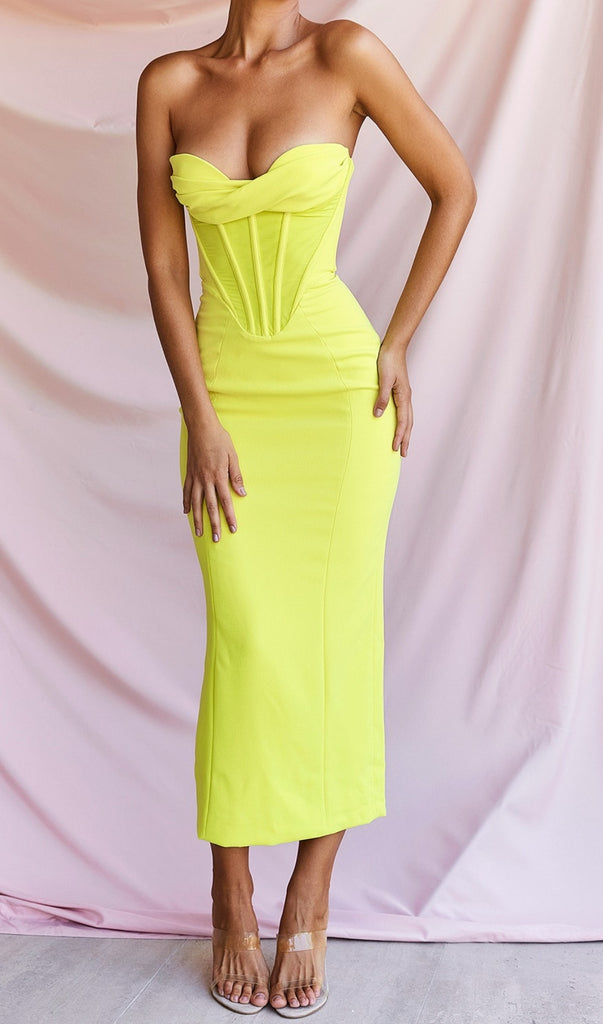 Yellow Strapless Bandage Midi Dress-Dresses-Oh CICI SHOP