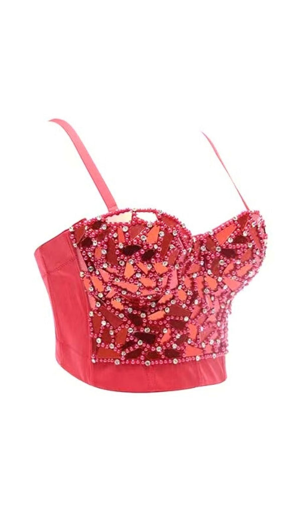RED BEADED SEQUIN CORSET-Shirts & Tops-Oh CICI SHOP