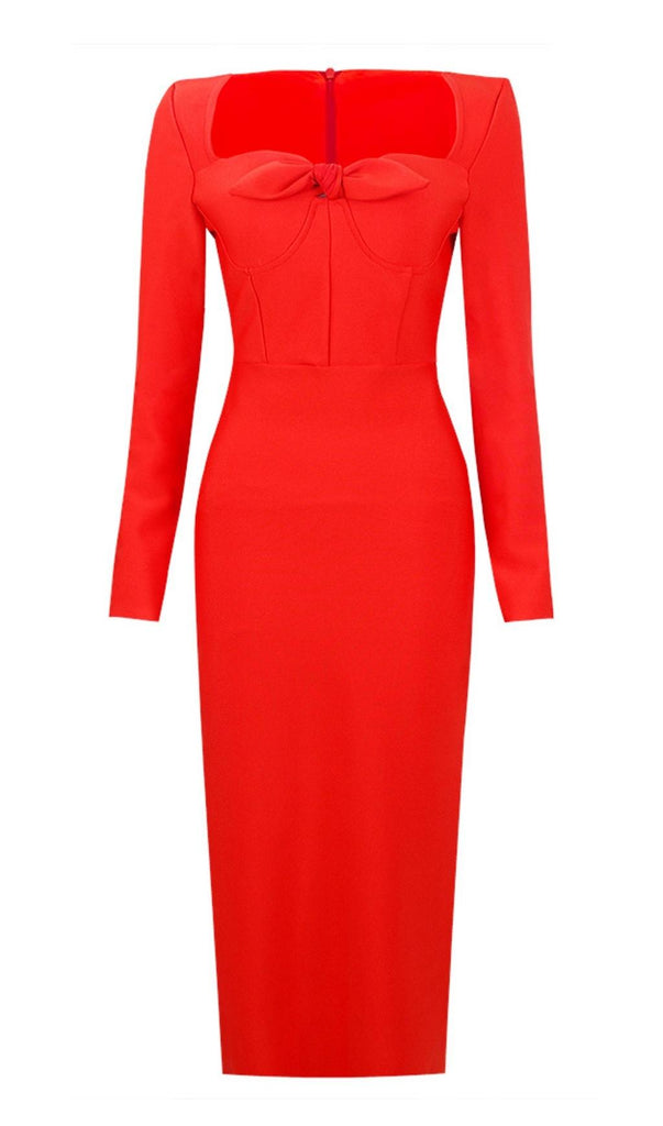 BANDAGE LONG SLEEVE MIDI DRESS IN RED-Dresses-Oh CICI SHOP