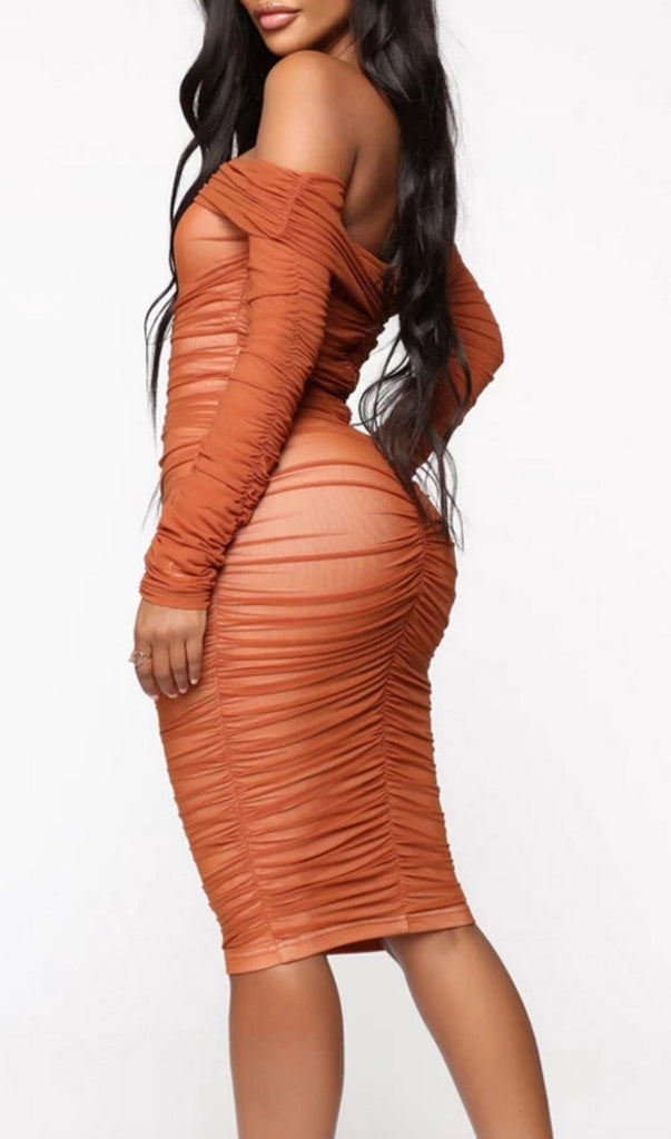 ORANGE RUCHED LONG SLEEVE MESH BANDAGE MIDI DRESS-Dresses-Oh CICI SHOP