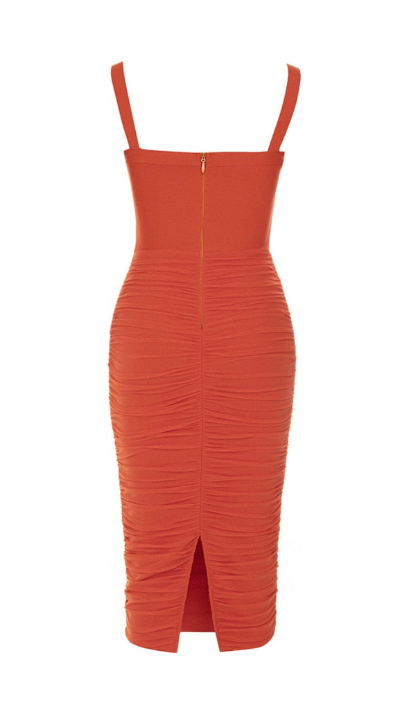 MESH RUCHED MIDI DRESS IN ORANGE-Oh CICI SHOP