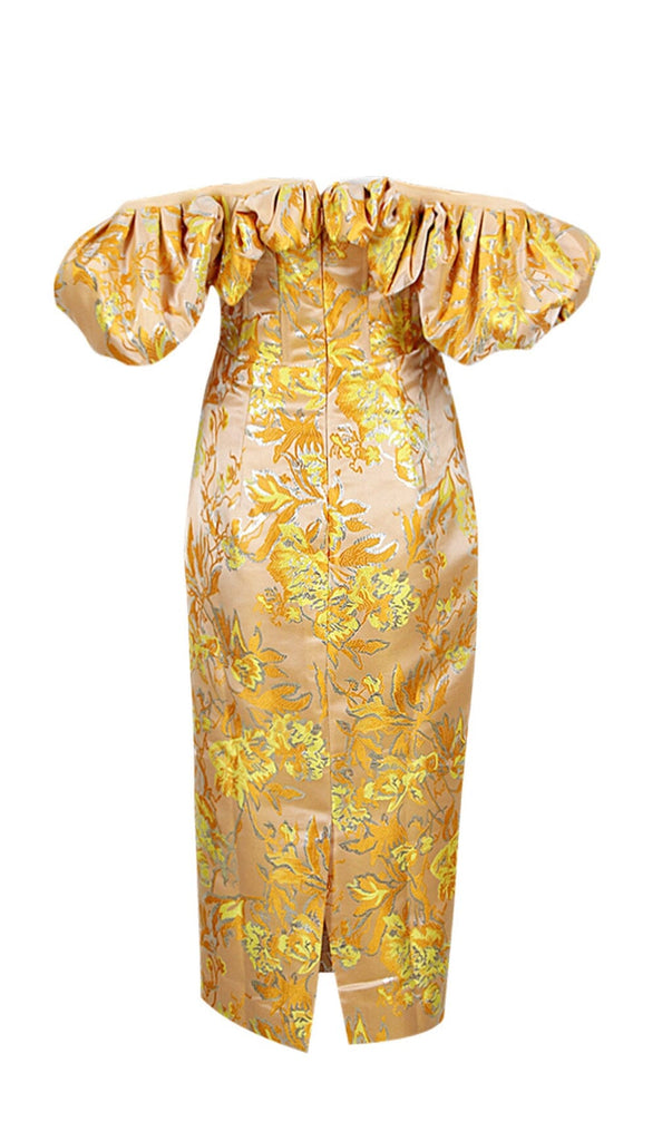 JACQUARD OFF SHOULDER MIDI DRESS IN YELLOW-Oh CICI SHOP