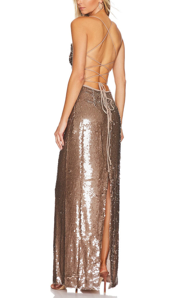 SEQUIN BACKLESS MAXI DRESS IN BROWN-Oh CICI SHOP