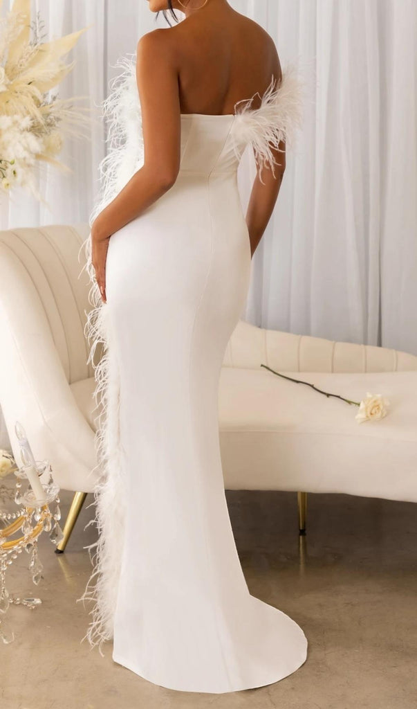 FEATHER STRAPLESS MAXI DRESS IN WHITE-Dresses-Oh CICI SHOP