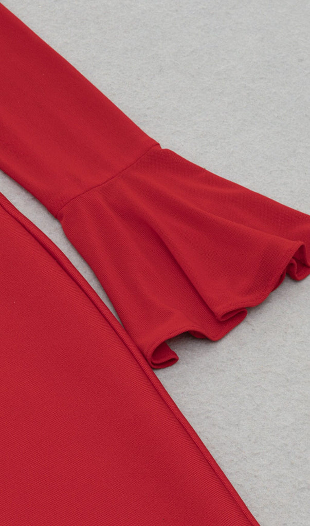 BANDAGE HANGING NECK RUFFLE SLEEVE STRETCH SLIM DRESS RED-Dresses-Oh CICI SHOP