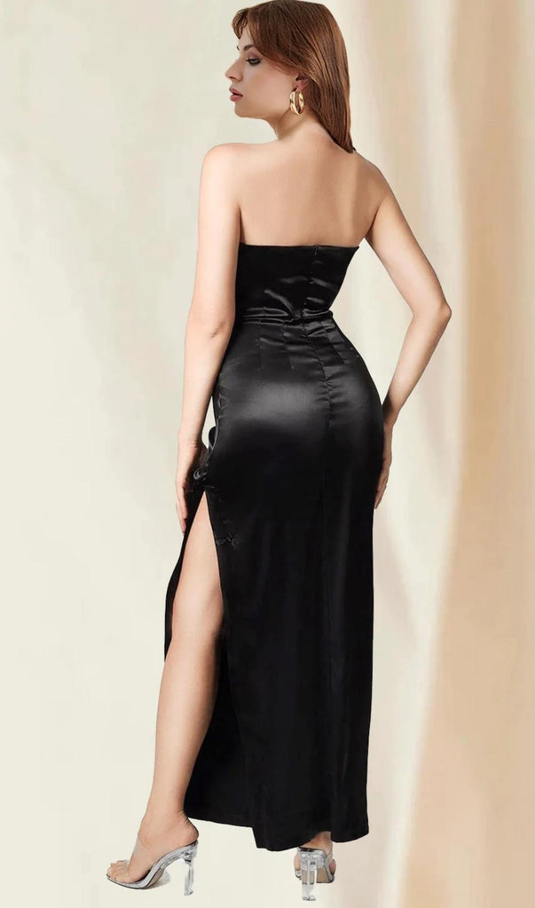 BLACK SATIN STRAPLESS MAXI DRESS-Dresses-Oh CICI SHOP