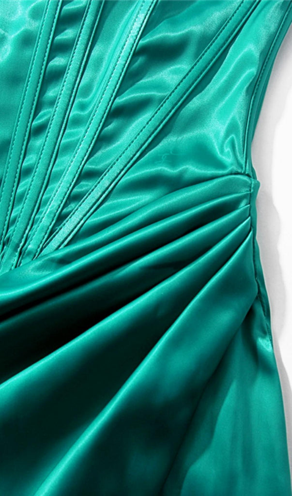 EMERALD STAIN STRAPLESS RUCHED MIDI DRESS-Dresses-Oh CICI SHOP