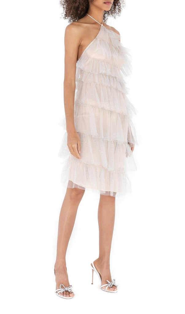 POMPOUS GAUZE SEQUIN MINI DRESS IN WHITE-Dresses-Oh CICI SHOP