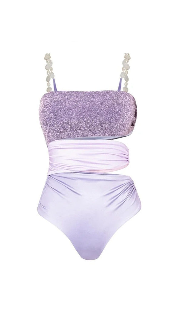 PEARL STRAP CUTOUT SHINY TEXTURE ONE PIECE SWIMSUIT AND SKIRT styleofcb 