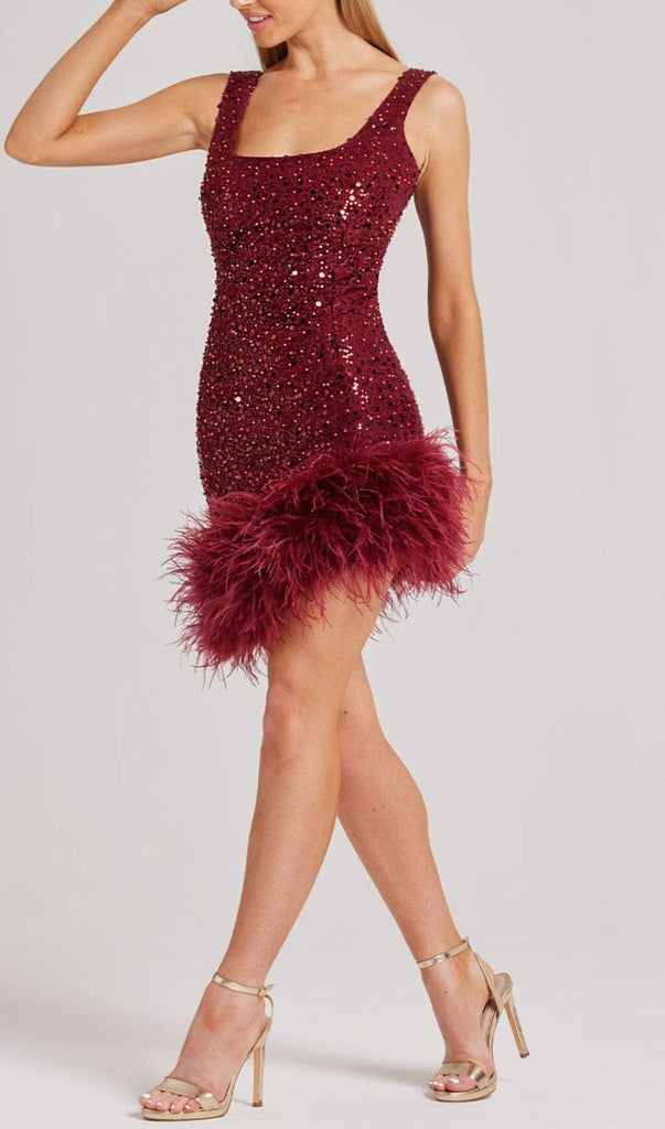 RED FEATHER SEQUIN DRESS-Oh CICI SHOP